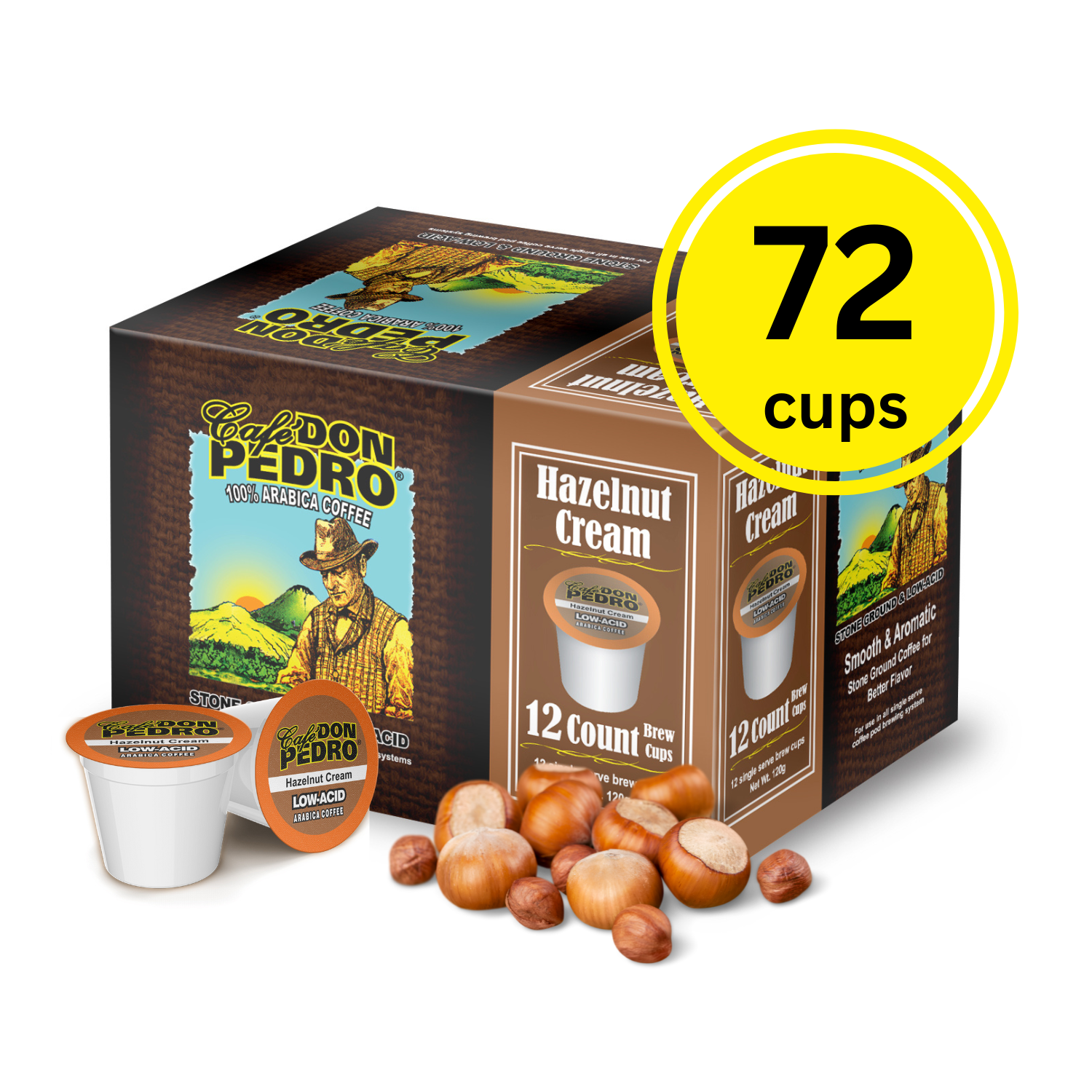 Cafe Don Pedro Hazelnut Cream Low-Acid Coffee Pods - 72 Ct. Compatible with Keurig K Cup Coffee Maker - 100% Arabica