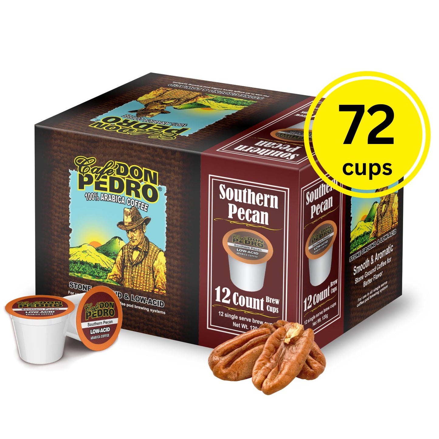 Cafe Don Pedro Southern Pecan Low Acid Coffee Pods - Compatible with Keurig K-cup Coffee Maker, 100% Arabica, Battles Heartburn, Acidic Reflux, 72 count