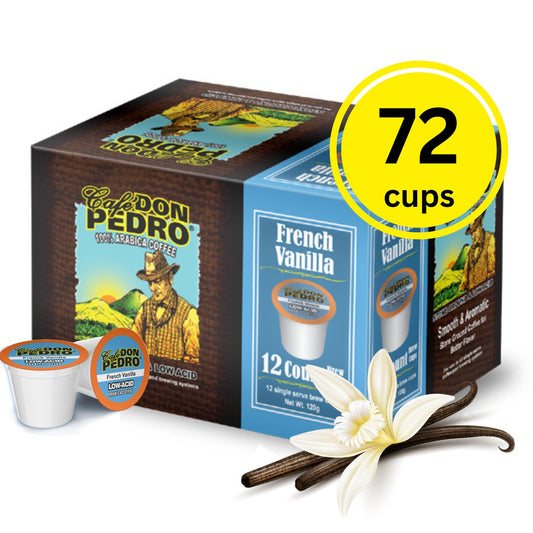 Cafe Don Pedro French Vanilla Low Acid Coffee Pods - Compatible with Keurig K-cup Coffee Maker, 100% Arabica, Battles Heartburn, Acidic Reflux, 72 count