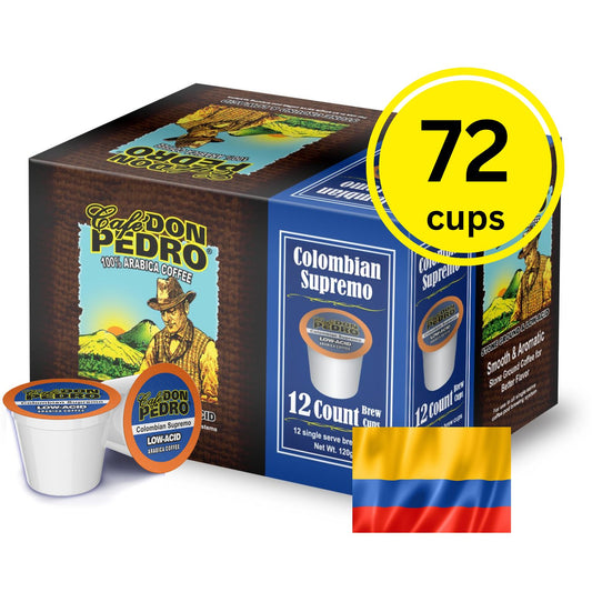 Cafe Don Pedro Colombian Supremo Low Acid Coffee Pods - Compatible with Keurig K-cup Coffee Maker, 100% Arabica, Battles Heartburn, Acidic Reflux, 72 count